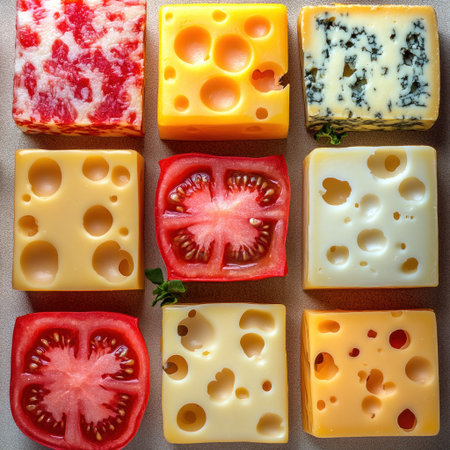 Colorful cheese squares and fresh tomatoes make an artistic culinary display.の素材