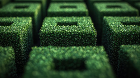 Lush green topiary shapes create a maze, inviting outdoor exploration.の素材