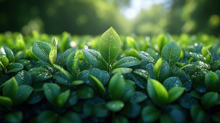 Fresh green leaves sparkle with morning dew, creating a vibrant atmosphere in nature.の素材