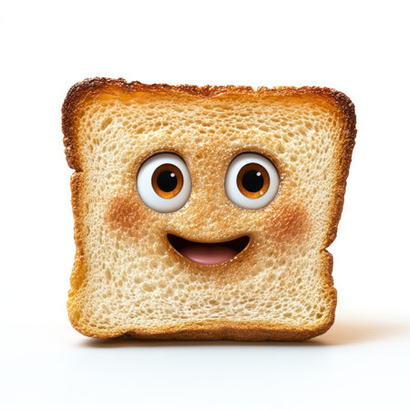 A cheerful slice of bread with expressive eyes adds a playful touch to the kitchen.の素材