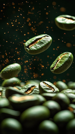 Green coffee beans levitate in a mesmerizing display of culinary art and craft.の素材