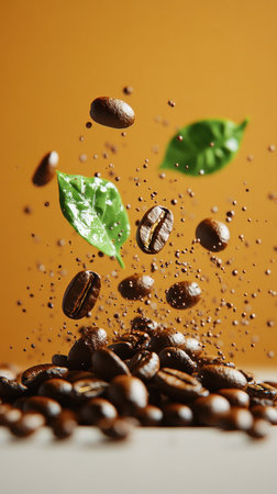 Coffee beans and fresh leaves float in the air, adding energy to the warm backdrop.の素材