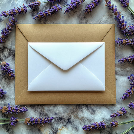 A beautifully crafted envelope surrounded by fragrant lavender on a marble backdrop.の素材