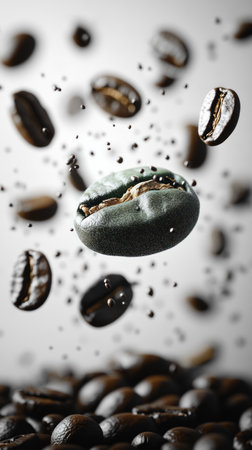 Coffee beans suspended mid air showcase their rich texture and dark hues in morning light.の素材