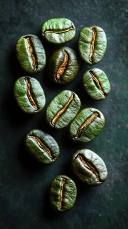 Organic green coffee beans showcase their earthy tones and textures beautifully.の素材