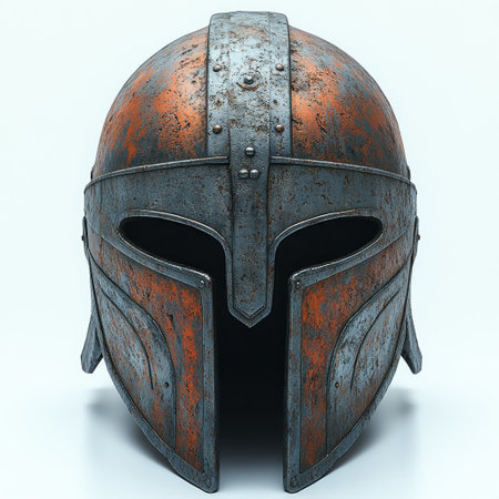 A beautifully crafted warrior helmet showcases intricate details and aged metal.の素材