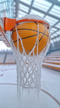 A basketball caught in a frosty net highlights the surreal beauty of winter sports.の素材