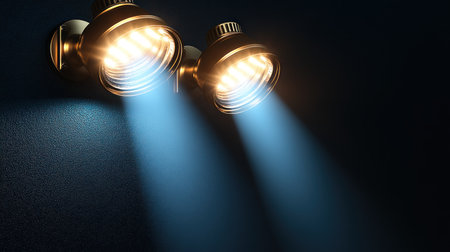 Bright beams of light emanate from elegant fixtures, casting a warm glow on the wall.の素材