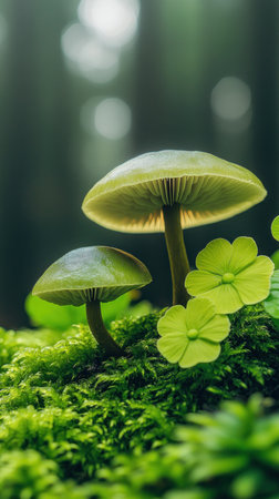 Delicate mushrooms emerge amidst rich green moss and small leaves in a serene forest.の素材
