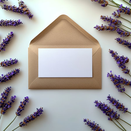 Lavender sprigs frame a blank envelope, inviting heartfelt messages in serenity.の素材