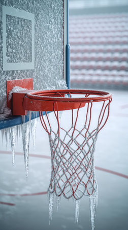 A basketball hoop is frozen, showing winter's impact on the arena.の素材