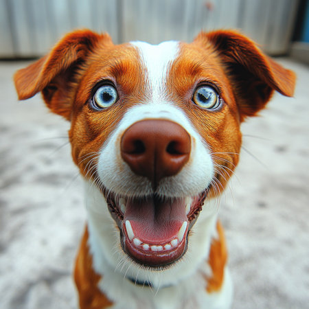 Joyful dog with striking blue eyes and shiny fur emanates happiness and excitement.の素材