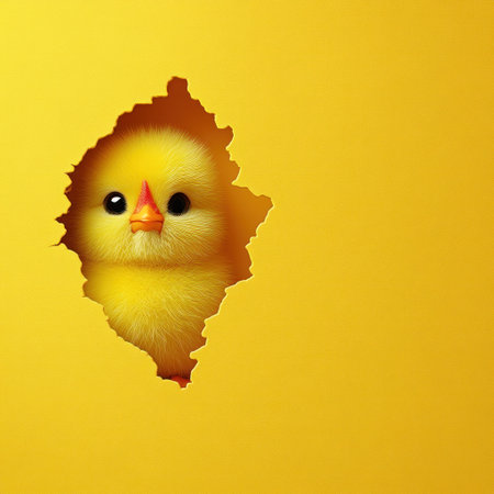 A cheerful yellow chick peeks through a bright hole, radiating joy.の素材