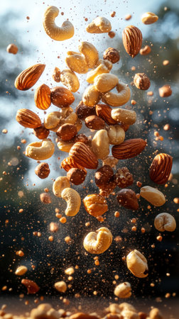 A vibrant display of assorted nuts gracefully falling through sunlight.の素材