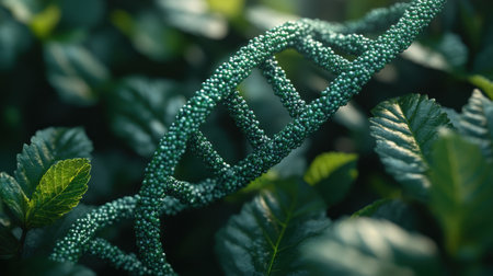 A vivid DNA strand made of tiny green particles blends harmoniously with fresh foliage.の素材
