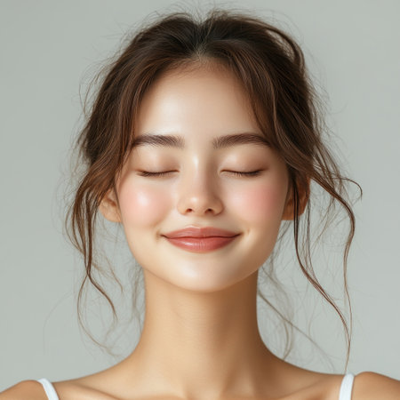 A young woman radiates calm with closed eyes and a serene, beautiful expression.の素材