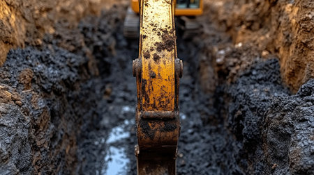 Heavy machinery works to create a trench surrounded by dark earth and gravel.の素材