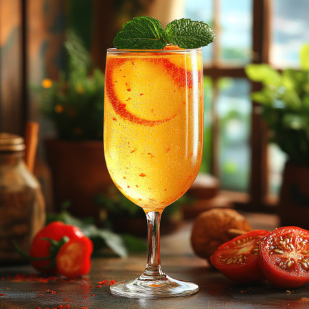 Tall glass of vibrant fruity drink with mint and tomatoes in a bright kitchen.の素材