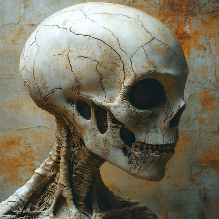 A striking skeleton stands boldly against a weathered backdrop, showcasing artistry.の素材