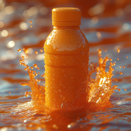 Vibrant orange liquid bursts from a bottle in sparkling water under warm sunlight.の素材