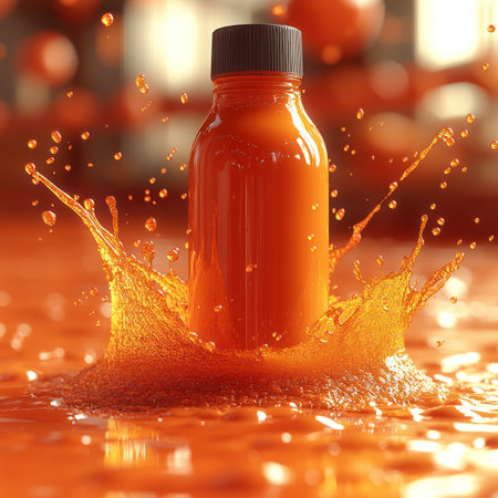 Bright orange liquid splashes around a bottle, capturing energy and freshness in motion.の素材