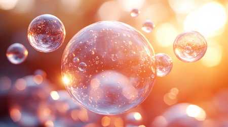 Bubbles float gently in the golden sunlight, creating a magical atmosphere of tranquility.の素材