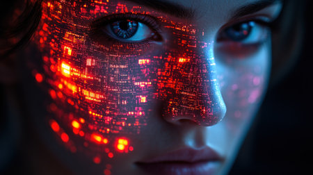 A young woman gazes intensely, with vibrant red patterns glowing on her face.の素材