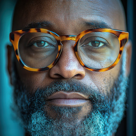A man with intense eyes, stylish eyewear, and a groomed beard gazes thoughtfully.の素材