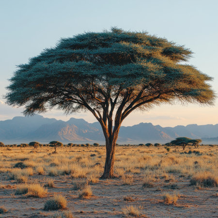 A stunning acacia tree dominates the horizon during a golden sunset in the savanna.の素材