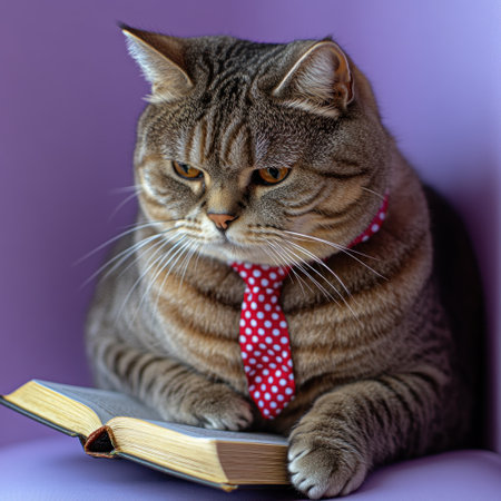 A fluffy cat adorned with a polka dot tie intently reads a book in a cozy corner.の素材