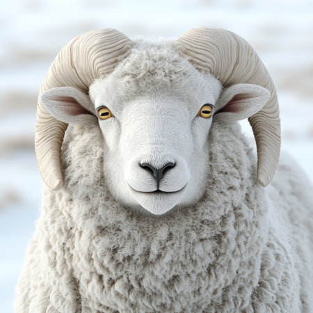 A fluffy sheep stands proudly in a snowy field, showing its beauty.の素材