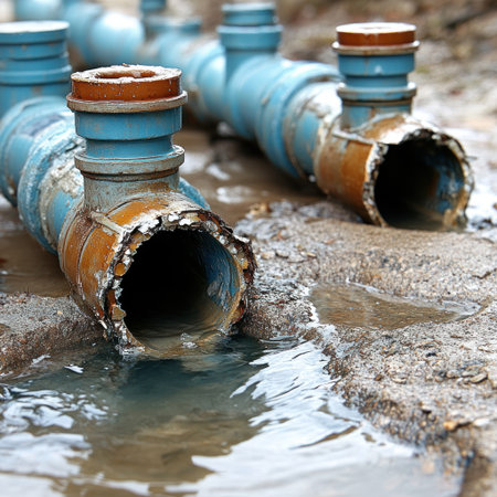 Damaged pipes leak water into muddy ground, creating puddles at a construction site.の素材