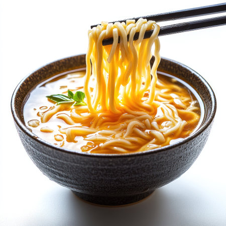 Noodles are elegantly lifted from a dark bowl filled with aromatic broth and herbs.の素材