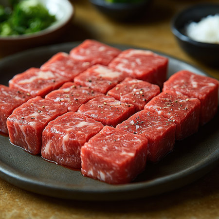 Seasoned marbled beef cubes on a rustic plate with vibrant ingredients.の素材