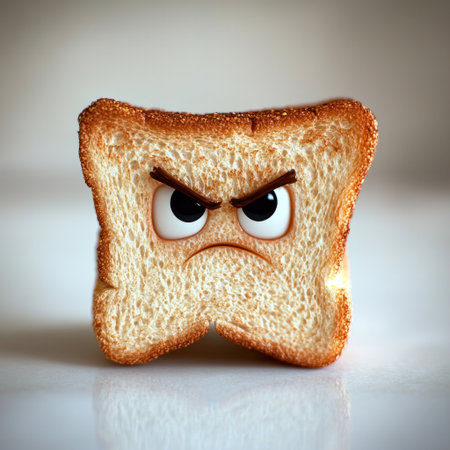 A slice of bread displaying a comically angry face in a playful kitchen setting.の素材