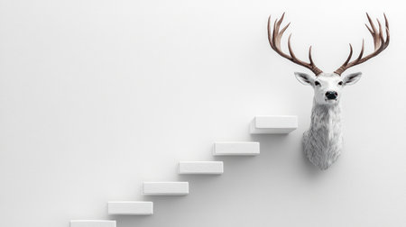 A sleek white stairwell features a chic deer bust, blending modern decor.の素材