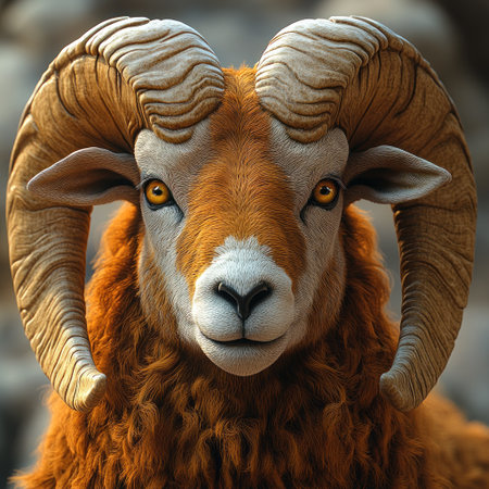 A majestic ram displays its impressive horns and curious expression.の素材