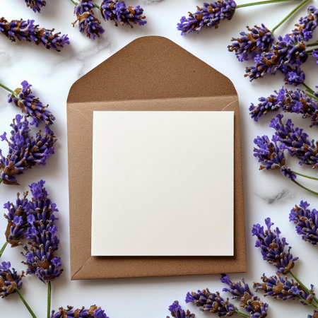 A rustic envelope with vibrant lavender flowers invites notes and creativity.の素材