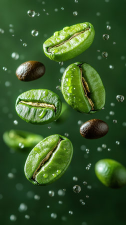 Freshly harvested coffee beans elegantly hover in mid air, glistening with moisture.の素材