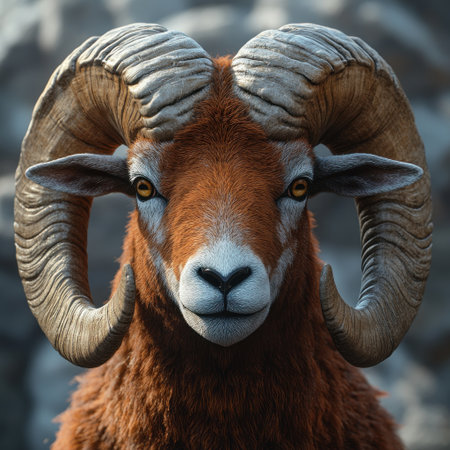A magnificent ram stands proudly against a rocky backdrop, exuding strength and grace.の素材