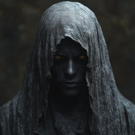 A cloaked figure with glowing golden eyes evokes deep intrigue.の素材