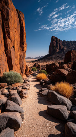 Journey along a narrow trail surrounded by majestic red rocks and vibrant desert flora.の素材