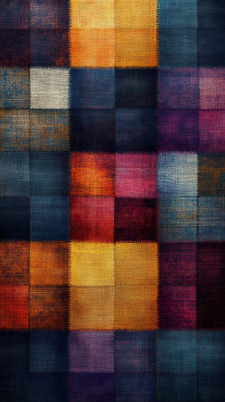 Richly hued squares blend in a striking display of intricate artistry.の素材