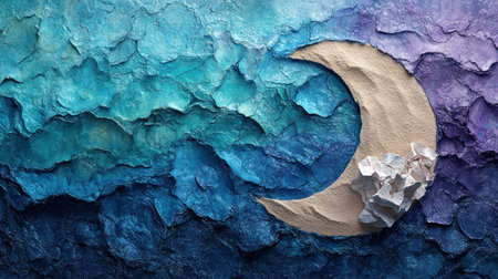 A calm artwork shows a crescent moon over textured ocean waves in soft colors.の素材