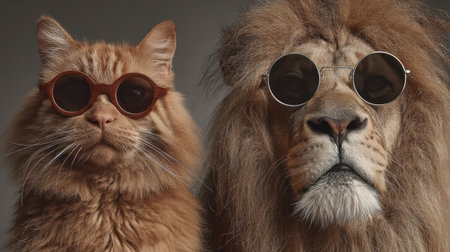 A playful lion and fluffy cat in matching sunglasses show their unique bond.の素材