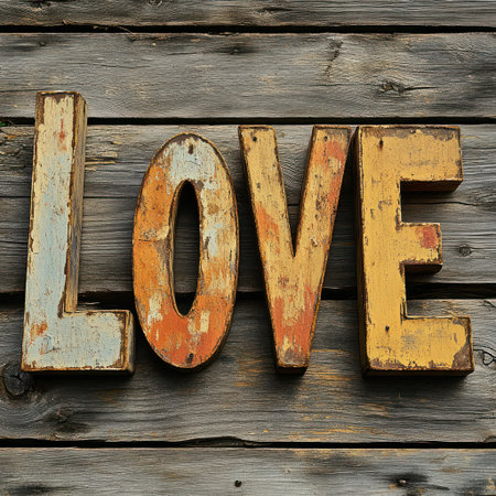 Bold, colorful letters form the word love, set against a textured wooden surface.の素材
