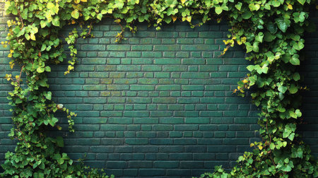 Vibrant dark green brick wall adorned with lush ivy creates a peaceful backdrop outdoors.の素材