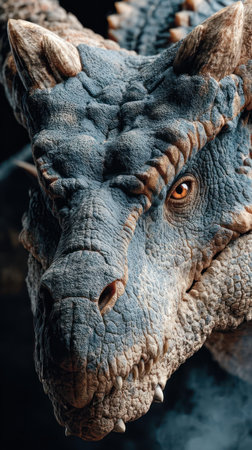 A fierce dragon exhibits intricate scales and a captivating expression in the shadows.の素材