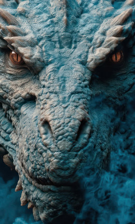 A powerful dragon with piercing eyes is surrounded by a mystical fog at twilight.の素材