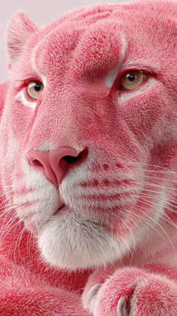 A striking big cat with pink fur captivates with its expressive eyes and calm demeanor.の素材